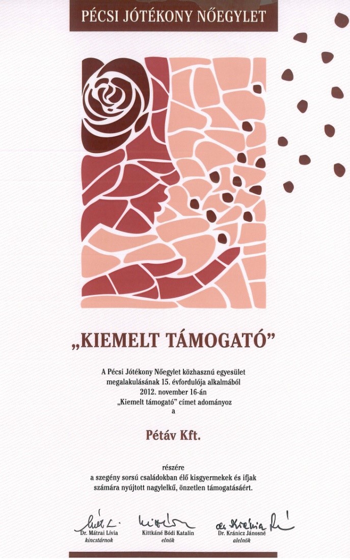 Kiemelt támogató címet kapott a PÉTÁV